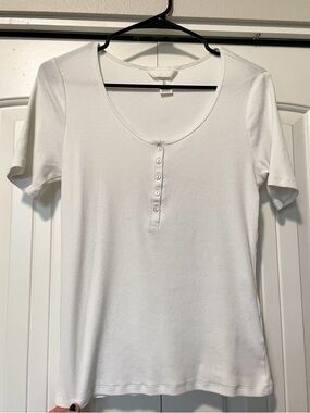 H&M White Short Sleeve Henley Tee